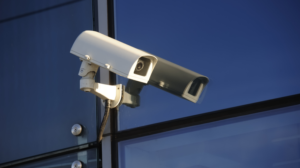 Security cameras installed on office building exterior